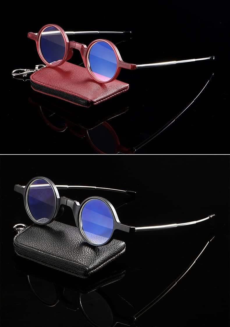 Mini Occhiali da Lettura Pieghevoli Anti-Luce Blu per Uomo E Donna, Montatura Rotonda, Nerd Reader, con Portachiavi E Custodia in Pelle, Red, 2.5X