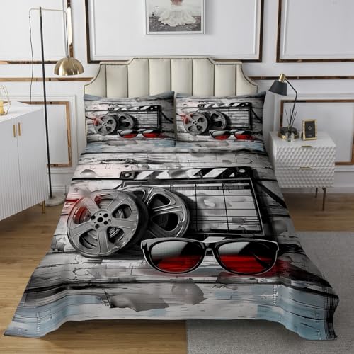 Homewish Movie Themed Bedspread Twin Size,Modern 3D Cinema Bedding Set 2Pcs for Kids Girls Boys Teens Room Decor,Photographic Film Comforter Set Black Grey Rustic Coverlet Quilt,1 Pillowcase