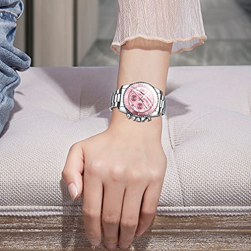 Women Elegant Chronograph Rotatable Bezel Mineral Glass Luminous Watch Stainless Steel Waterproof Date Analog Quartz Watch Fashion Business Dress Wristwatch (Silver Pink) by FANMIS - Used condition - Image 2