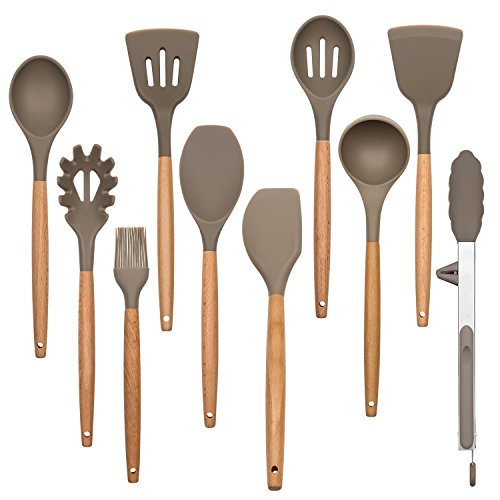 Silicone Kitchen Cooking Utensil Set, 10 Pieces Baking Set Serving Gadgets and Tools for Nonstick Cookware, Wood Handle, Housen Solutions