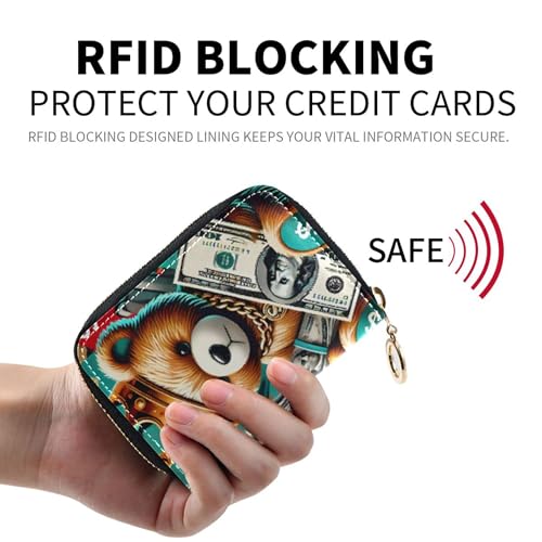 GAIGEO RFID Blocking Credit Card Holder Women's Wallets Leather Small Zipper Coin Purse with Key Ring Royal Money Teddy King2