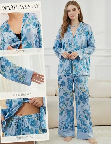 Image of Arssm Satin Pajama Set for Women Silk Pajamas Set 2 Piece Floral Pj Set Long Sleeve Button Down Pjs Sleepwear