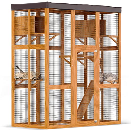 CATLAND Outdoor Cat Enclosures - Large Cat Cage with Removable PVC Sun Shade Cloth Roof - Wood and Wire Mesh Catio - Play Area, Mini Hiding Houses and Ramp, Yellow, NGC021