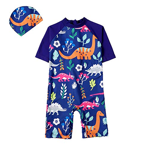 Digirlsor Baby Toddler Boys One Piece Rash Guard Swimsuit Dinosaur Print Short Sleeve Swimwear Bathing Suit with Cap