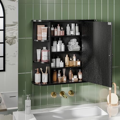 Meilocar Bathroom Medicine Cabinet with Mirror, Bathroom Mirror Cabinet with 6 Open Shelves, Modern Bathroom Wall Cabinet with Mirror Medicine Cabinet for Bathroom, Black - Thumbnail 6