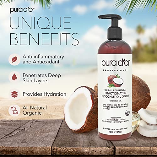 Pura D'or Organic Fractionated Coconut Oil (16Oz) Usda Certified 100% Pure & Natural Carrier Oil - Moisturizing For Face, Skin & Hair, Men & Women (Packaging May Vary) #TOP1