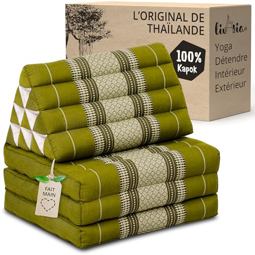 livasia Coussin thaï à 3 Blocs - 175x50x8cm - Coussin Triangulaire avec Matelas Pliable, Coussin en biseau kapok, Coussin de Soutien Dorsal Pliables, Tapis...