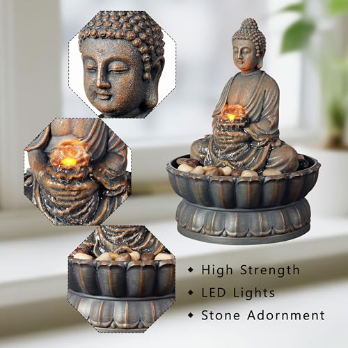 Image of Kalona Home Decor 9.6 inch Tabletop Fountain Exquisite Smile Sitting Buddha Fountains Desk Water Fountain Decorative Zen Fountain w /Reflective Lighting /Cobblestone Office and Home Decor(21125A)