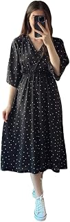 TRILLMIXA Women's Casual Summer Dresses V-Neck Solid Colour Polka Dot Print Half Sleeve Midi Dresses Price In India