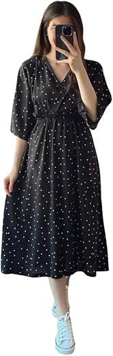TRILLMIXA Women's Casual Summer Dresses V-Neck Solid Colour Polka Dot Print Half Sleeve Midi Dresses