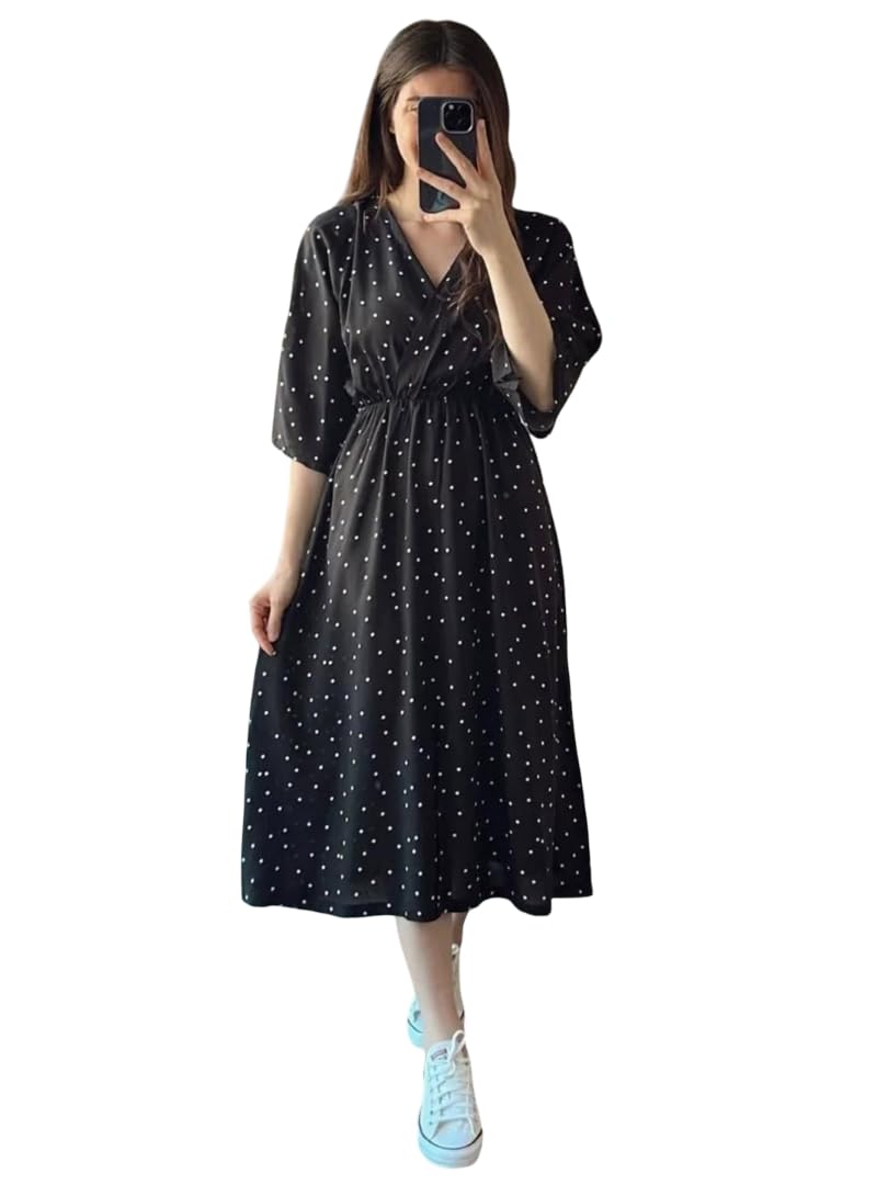 TRILLMIXA Women's Casual Summer Dresses V-Neck Solid Colour Polka Dot Print Half Sleeve Midi Dresses - Review, Price and Buying Guide
