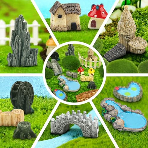QUOZUO 21 Stück Fee Garten Miniaturen Zubehör Brücke Haus Landschaft Wasser Brunnen Zaun Figuren Teich Pilz Rasen Garten Ornament für DIY Handwerk Garten Sukkulent Dekor