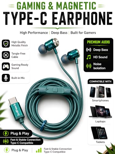 Image of Gaming Type-C Wired Earphone with Mic, 10mm Dynamic Bass Driver, Magnetic in-Ear Headphones, Low Latency Sound for Gaming, 1 Button Control, HD Calling, Voice Assistant (Normal Green)