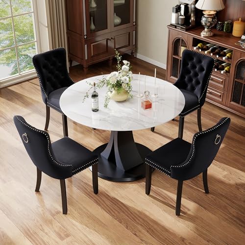 Image of 5-Piece Dining Table Set with 39In Faux Marble Table and 4 Velvet Upholstered Chairs, Modern Scandinavian Furniture for Dining Room Kitchen(Black)