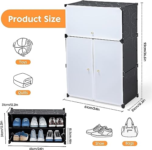 Image of Shoe Rack Multipurpose 5 Shelves Shoe Rack with Zip Door Cover & Side Pockets, Multiuse Wide Shelve,Rack for Footwear, Toys, Clothes (Black White, 6-Layer)