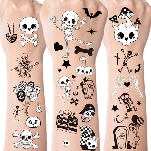Bad 2 Skull Bone Temporary Tattoos - 300+ Bad 2 Bone Party Decorations Favors Supplies for Kids Boys 2nd Birthday Decorations Black White Skeleton Skull Tattoo Stickers Born to Rock Music Party Decor