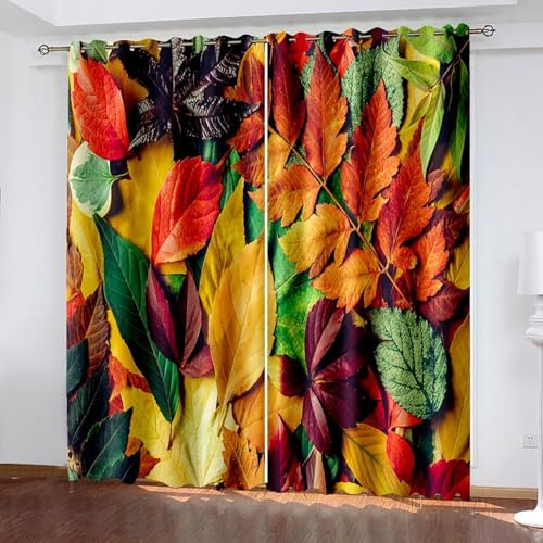 Wycian Juego de cortina y cortina cortina corta hojas naranja verde 2 unidades poliéster patrón hojas otoño 214 x ancho 152 cm para dormitorio