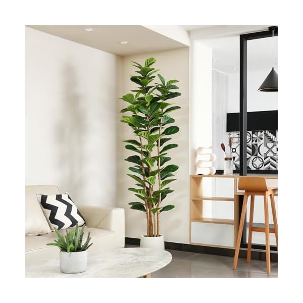 Artificial fiddle leaf fig tree with white planter 7ft tall fake tree with natural wood trunk for home decor faux ficus tree fake moss for indoor office living room  urban country home decor