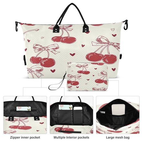 Travel Duffle Bag Weekender Bags Overnight Bag with Toiletry Bag Gym Duffel Bag Red Bow Cherry Love Pattern for Travel Business Trips Sport2