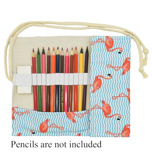 Image of Flamingo Pattern Canvas Pencil Wrap Case Colored Roll Up Holders Coloring Pencil Organizers for Artist Adult Sketch Travel Storage With 24 Slots(Flamingo)