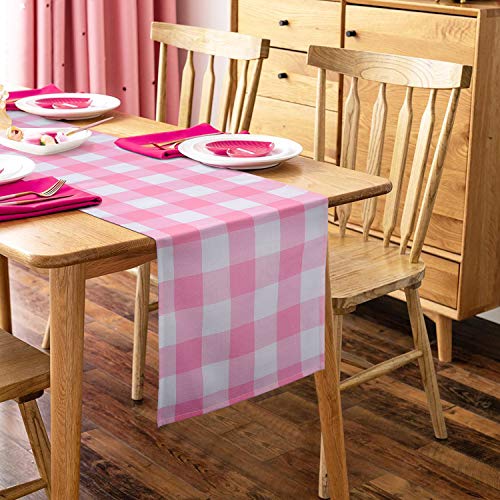Yuboo Buffalo Plaid Table Runner, Classic Checkered Farmhouse Tabletop Collection, Waterproof Gingham Table Runner For Kitchen Dining, Banquet, Wedding, Outdoor Use, 13W X 72L, Pink And White, 1 Piece #TOP6