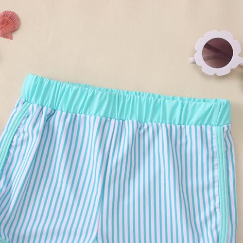 Image of Ritatte Girls Rash Guard Swimsuit 2 Pieces Stripe Bathing Suit Long Sleeve Rashguard Beach Shorts Summer Swimwear 7-12T(Blue Green,11-12T(160))