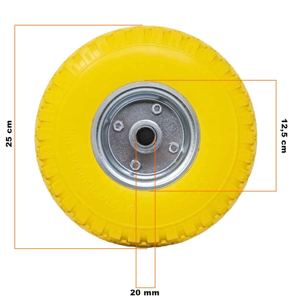Bakaji Ruota Piena in Poliretano Giallo Antiforatura per Carrello Portapacchi Battistrada Scolpito Diametro 25cm Larghezza 7,6cm 3.00-4 Cerchio in Acciaio Diametro Assale 20 mm Ricambio Carriole