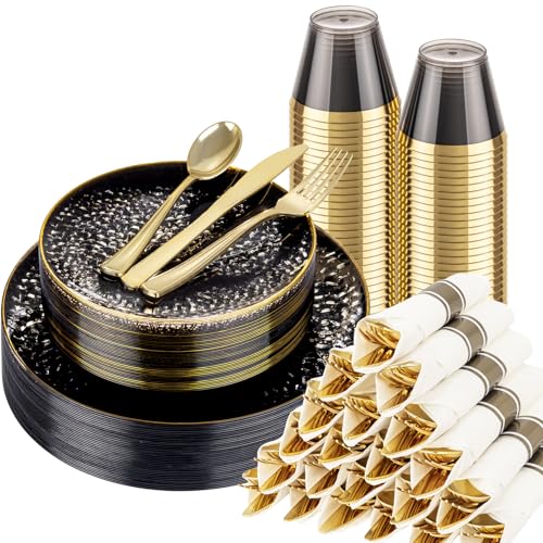 Hioasis 175pcs Black Gold Plastic Plates - Black Plastic Dinnerware Set Includes 25 Dinner Plate, 25 Dessert Plate, 25 Cups, 25 Napkins Perfect for Wedding & Halloween