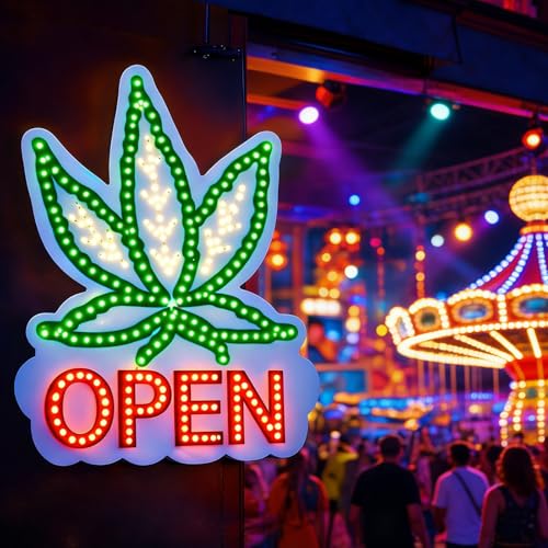 Image of Weed Open Neon Sign for Business - USB Powered LED Cannabis Leaf OPEN Sign with Dimmable Switch, Acrylic Wall Light for 420 Friendly Bar, Smoke Shop, Game Room, Party Decor
