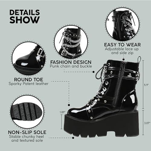 mikarka Women's Chain Platform Boots Lace Up & Zipper Chunky Heel Black Combat Ankle Booties Fashion Studded Motorcycle Boots3