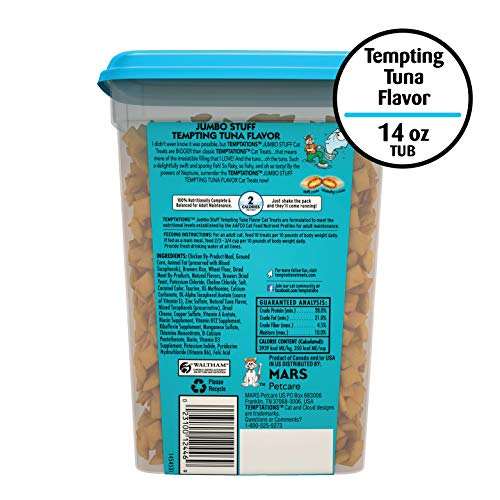 TEMPTATIONS Jumbo Stuff Crunchy and Soft Cat Treats, Tempting Tuna Flavor, 14 oz. Tub - Image 2