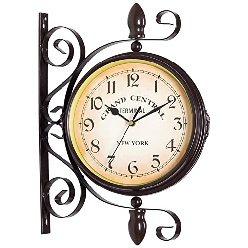 Horloge Murale Double Face Style rétro Antique Horloge Murale de Gare avec Design en Fer forgé, Horloge à Piles avec Chiffres Arabes Style rétro Horloge de Jardin...