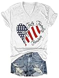 4th of July V Neck Patriotic T-Shirts Women American Flag Print Faith Family Freedom Letter Casual Short Sleeve Tee Tops