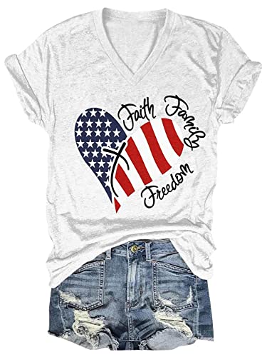 4th of July V Neck Patriotic T-Shirts Women American Flag Print Faith Family Freedom Letter Casual Short Sleeve Tee Tops