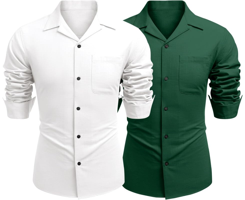 Image of Combo of Men's Casual Cotton Blend Shirt || Long Sleeve Button Down with Spread Collar | Lightweight Breathable Fabric | Stylish Solid Shirt for Beach, Office & Everyday Wear Pack of 2