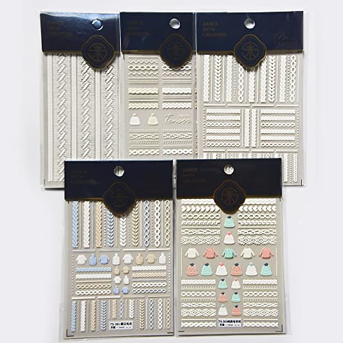 5 Sheets NailMAD 3D Nail Sticker Sweater Knit Embossed Nail Decals Winter Sweater Texture Hat Adhesive Stickers Decal Nail Art Decoration (Sweater Designs 1)