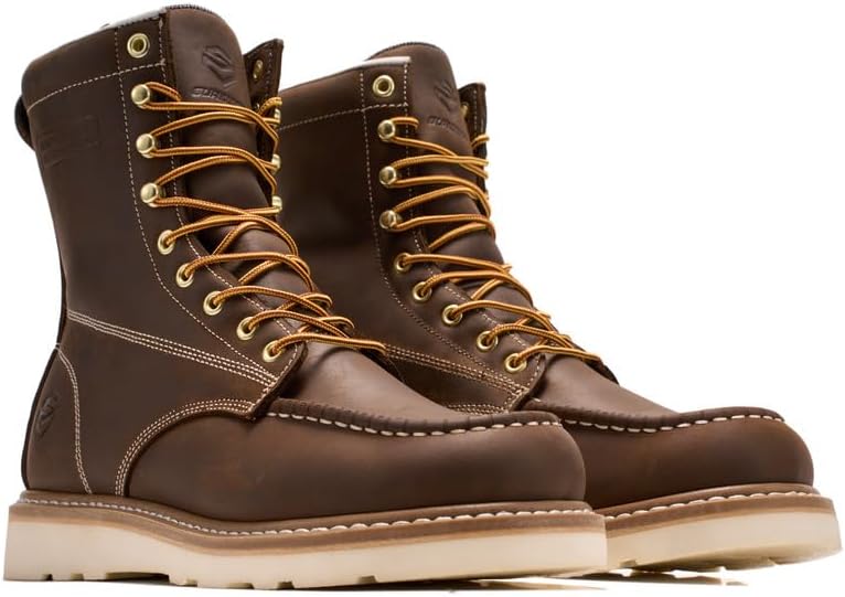 SUREWAY Mens 8 in Wedge Moc Soft/Steel Toe Work Boots for Men,Full-Grain Leather,Goodyear Welt,EH,Safety Industrial Construction Boots/Shoes for Mens
