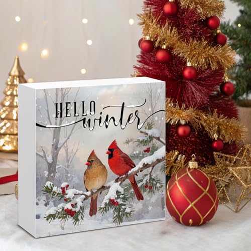 Image of Winter Cardinal Decor, Hello Winter Wood Box Sign, Farmhouse Christmas Home Office Decorations for Desk Table Shelf 5 X 5 Inches