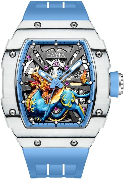 Haofa Automatic Mechanical Watch for Men 3D Carved Auspicious Beast Dial Sapphire Waterproof Luminous Watch Luxury Skeleton Mens Watch 80H Power Reserve 1972