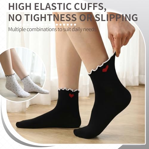Image of 8 Pairs Women Ruffle Striped Frilly Socks, Cute Checkered Ankle Sock for Women Cotton Knit Casual Crew Socks Size 5-9