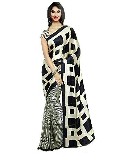 Jaanvi Fashion Designer Nero & Beige Italiano Crepe Stampato Saree con Camicetta senza cuciture