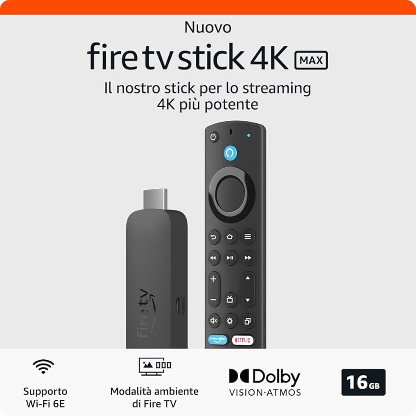 Immagine del prodotto Nuovo Fire TV Stick 4K Max di Amazon | Dispositivo per lo streaming con supporto per Wi-Fi 6E e modalità ambiente