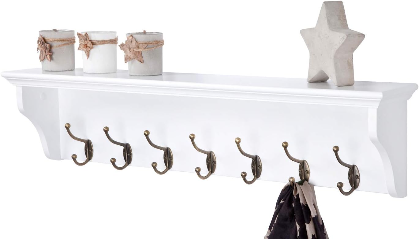 Wall Mounted Coat or Towel Rack with Shelf, White Wooden and 7 Double Hooks suit hall, bathroom, kitchen and cloakroom, Richmond Range