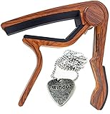 WINGO Guitar Capo for 6 String Steel Acoustic and Electric Guitars - Rosewood Color with Unique Metal Pick Necklace.