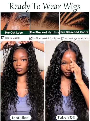 Image of KLAIYI Water Wave Curly Bye Bye Knots Glueless Wigs Human Hair 7x5 Precut Lace Front Drawstring Wig with Baby Hair Pre Plucked Bleached Pre Everything Ready to Wear and Go Wig Beginner Friendly 24Inch