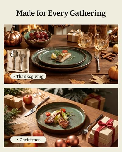 Image of Famiware Milkyway Stoneware Dinnerware Set, 24-Piece, Double Reactive Glaze, Plates and Bowls, Service for 8, Microwave and Dishwasher Safe, Scratch-Resistant, Moss Green & Cocoa