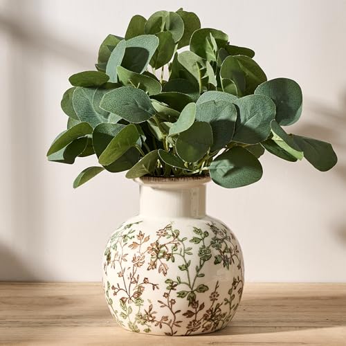 Jarrón antiguo verde y beige, diseño floral chinoiserie de 14,9 cm, jarrón rústico de cerámica para decoración del hogar, sala de estar, estantería, oficina, entrada, decoración grand millennial