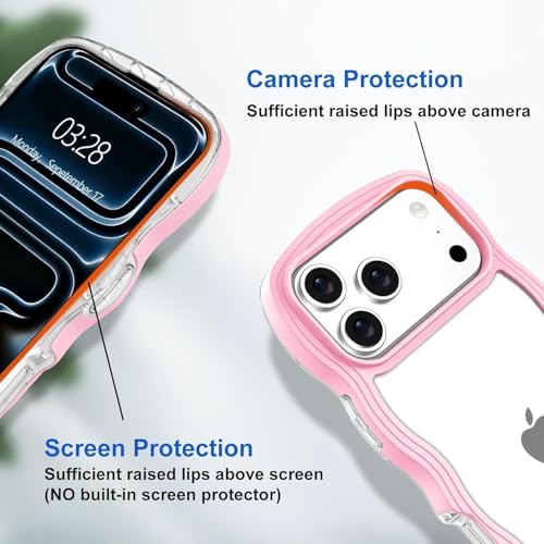 Image of GoldKart iPhone 17 Pro Case Wavy Edge Clear Back Design, Anti-Slip Grip Cute Wave Curly Frame Shape Shockproof Soft TPU & Hard PC Bumper Protective Phone Case Cover for Women Girls - Pink