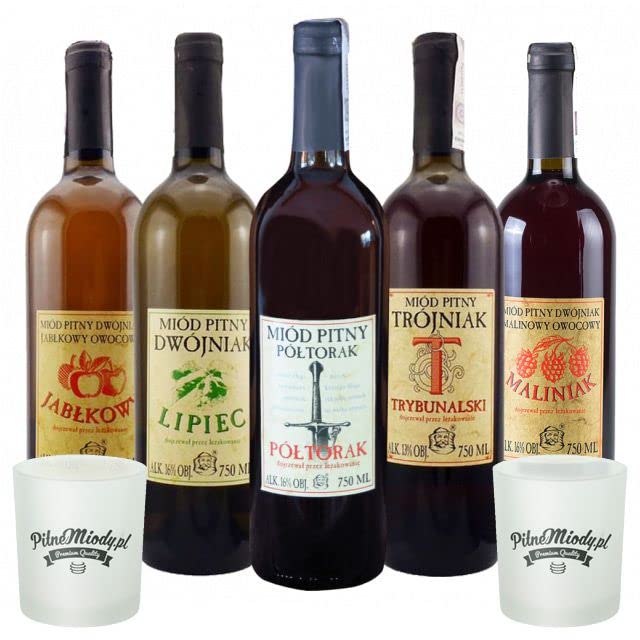 Set mit 5 Jaros Mets (Honigwein Półtorak-Eineinhalber/ 2x Dwójniak-Halber / 3x Trójniak-Drittel) mit 2 Bechern | 3750ml | 13-16% Alkohol Metwein | Polnische Produktion