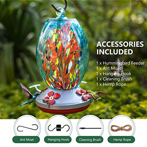 Balhvit Hummingbird Feeders for Outdoors, 32 Ounces Leak-Proof & Rust-Proof Hand Blown Glass Hummingbird Feeder, Easy to Clean & Fill Wild Bird Feeder with Hanging Hook, Ant Moat, Brush, Hemp Rope - Thumbnail 4